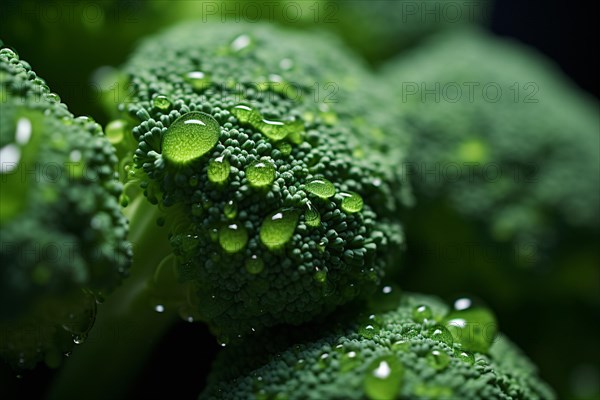 Close up of green broccoli vegetable with water drops. KI generiert, generiert AI generated