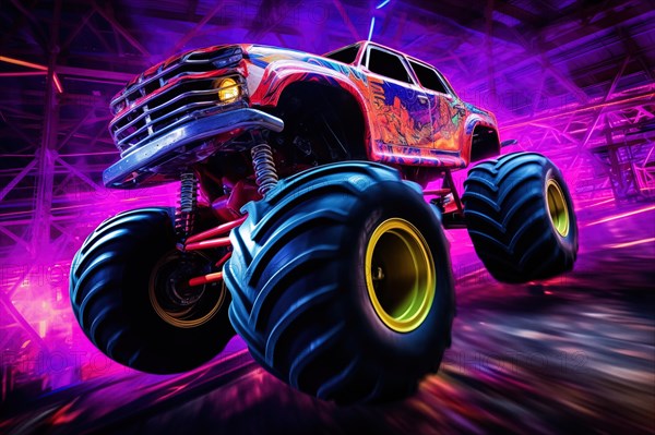 Monster truck with neon lighting, jumping off-road in cloud of dust. Excitement and thrill of an extreme sport, AI generated