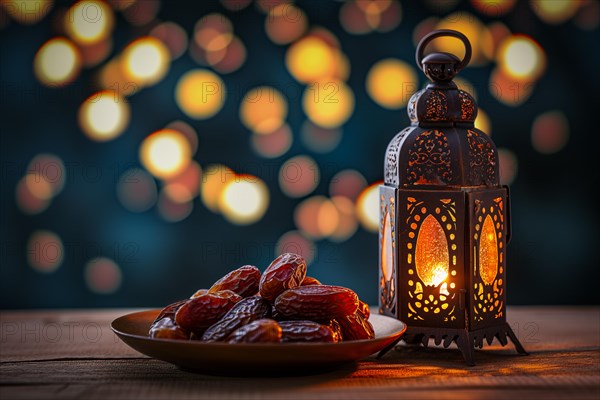 Ramadan lantern with a plate of succulent figs on bokeh background, set on an ornate table with intricate designs, evoking the rich traditions and serene moments of the holy month, AI generated