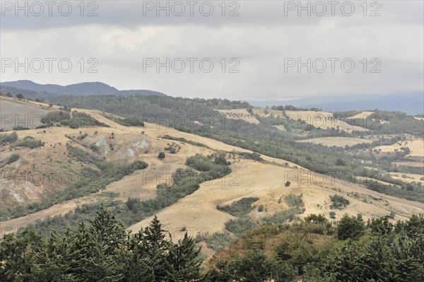 Harvested wheat field, landscape north of Sorano, Tuscany, Italy, Europe