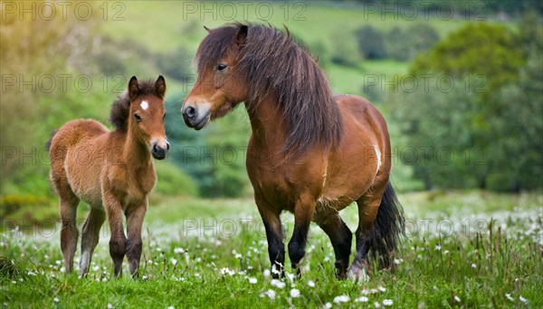 KI generated, animal, animals, mammal, mammals, biotope, habitat, two, mare and foal, foraging, wildlife, meadow, pasture, Exmoor pony, horse, horses, ungulates, English pony breed, South West England, Exmoor, (Equus ferus caballus), foal