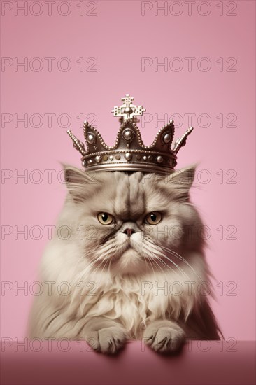 Angry looking Persian cat with golden crown on head on pink background. KI generiert, generiert AI generated