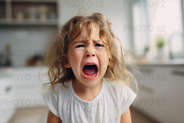 Young screaming and crying girl child in kitchen. KI generiert, generiert AI generated