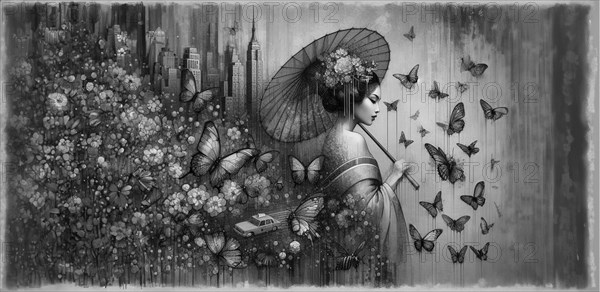 Tranquil monochrome scene of a geisha with butterflies and a vintage taxi among florals, shunga vintage japanese themed style art, AI generated