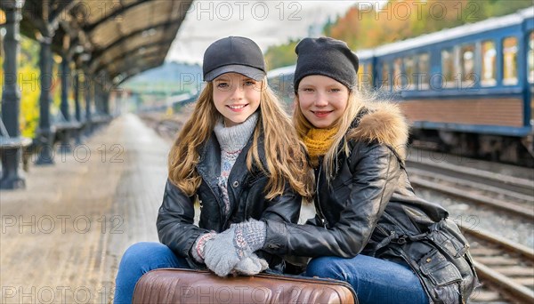 AI generated, Two young blonde woman want to travel and wait in the station for the train, 18, blond, blonde, modern, modern, suitcase, handbag, leather jacket, white, sneakers, shoes, sexy, attractive, attractive, long-haired, transport, traffic