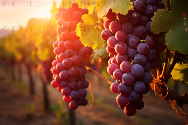 Red grapes in vineyard with beuatiful sunset sunlight. KI generiert, generiert AI generated