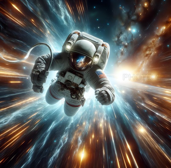 An astronaut in a spacesuit flies at breakneck speed, the speed of light, through space, symbolic image science fiction, space, space travel, AI generated, AI generated