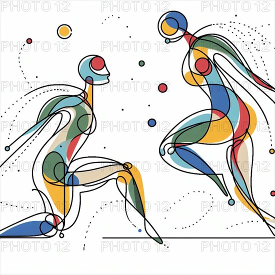 Abstract art of dynamic human figures dance in motion with primary colors and fluid shapes, continuous line art, creature is stylized and simplified to the most basic geometric forms, exaggerated features, adorned with splashes of primary colors, clean white solid background, with subtle geometric shapes and thin, straight lines that intersect with dotted nodes and overlap the figures. The overall aesthetic is modern and contemporary, AI generated