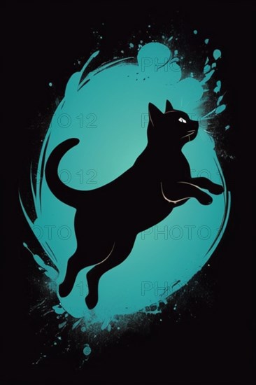 Dynamic silhouette of a cat with splashes of teal and blue in the background, minimalist vintage design muted faded, bright background, AI Generated, AI generated
