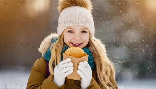 AI generated, human, humans, person, persons, child, children, girl, 10, 12, years, one person, outdoor, ice, snow, winter, seasons, eats, eating, burger, hamburger, cap, bobble hat, gloves, winter jacket, cold, coldness