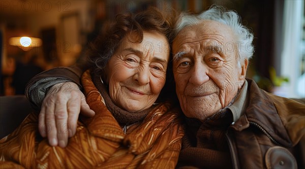 An older couple in warm clothing sharing a joyful moment in an indoor setting, ai generated, AI generated