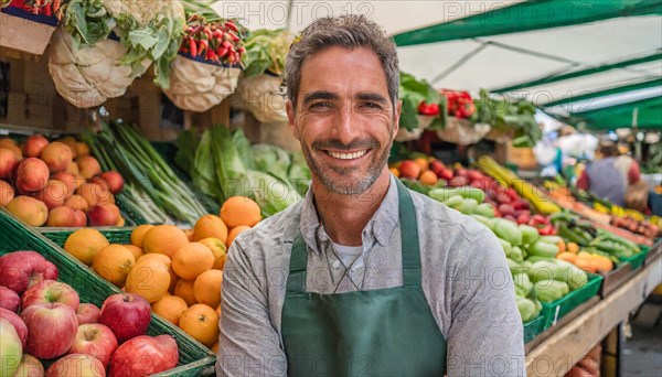 Ai generated, A. young man sells food at the weekly market, 30, 35, years, food, market stall, regional products, sustainable, fruit, vegetables, tropical fruit