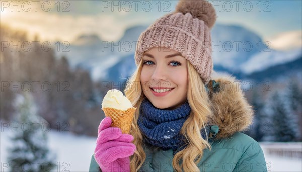 AI generated, human, humans, person, persons, woman, woman, one person, 20, 25, years, outdoor, ice, snow, winter, seasons, eats, eating, ice cream, waffle ice cream, waffle, Italian ice cream, cap, bobble hat, gloves, winter jacket, cold, coldness