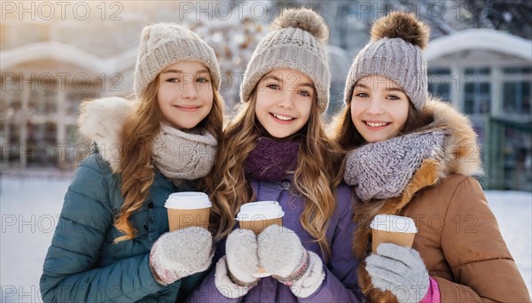 AI generated, human, humans, person, persons, woman, woman, three persons, coffee, coffee mug, coffee to go, outdoor shot, ice, snow, winter, seasons, drinks, drinking, cap, bobble hat, gloves, winter jacket, cold, cold, portrait