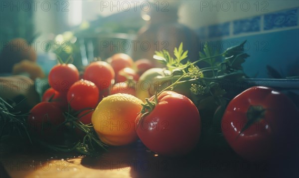 Tomatoes and lemons on the table in the kitchen. Selective focus AI generated