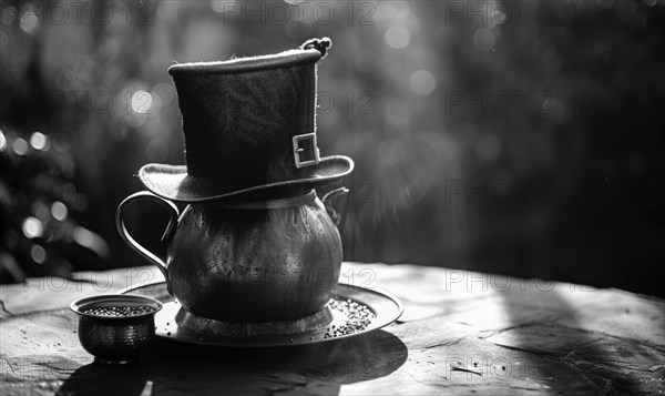 Leprechaun hat and pot of gold closeup. Monochrome photo. AI generated