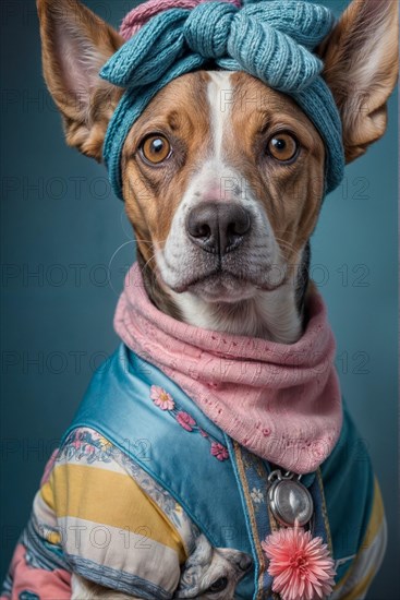 Sophisticated dog dressed in a head wrap and jacket with floral details, over grey solid studio background, AI generated