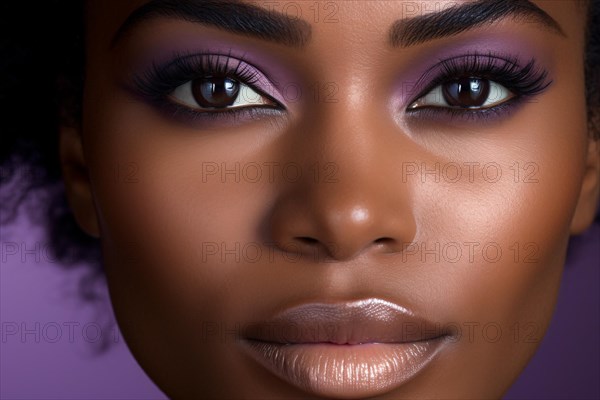 Close up of face of african american black woman with purple eye makeup. KI generiert, generiert AI generated