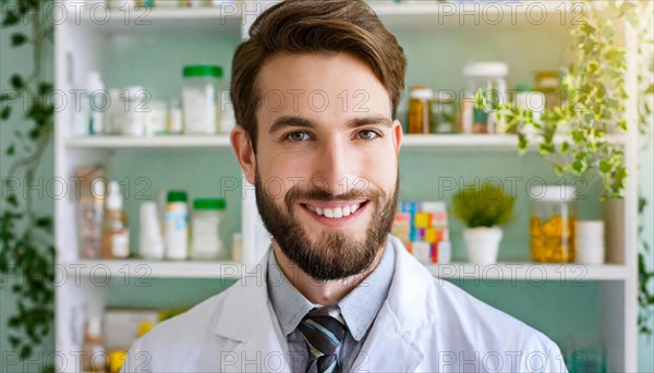 AI generated, A young pharmacist in his pharmacy, portrait, 30, 35, years, man, men, male, bearded, beautiful teeth, smiling, profession, professions, medicines in the background, a person