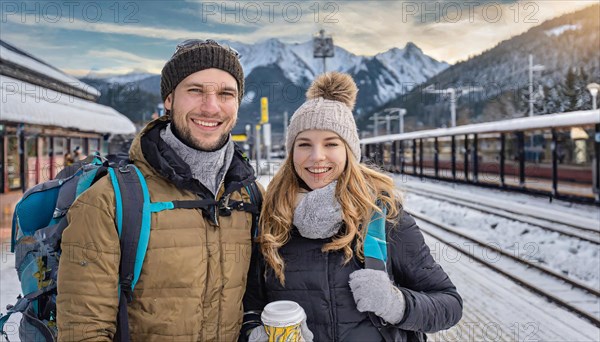 AI generated, woman, woman, man, men, A young couple wants to travel and is waiting for the train at the station, 25, 30, sneakers, shoes, sexy, attractive, attractive, long-haired, handbag, transport, traffic, backpack, bobble hat, coffee to go in hand, coffee, coffee cup, ice, winter, snow, two people sitting on the bench