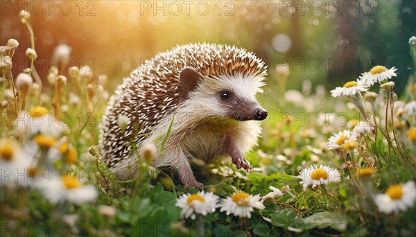 KI generated, animal, animals, mammal, mammals, young hedgehog (Erinaceidae), sitting in flower meadow, spring, a single animal, white and yellow flowers, meadow, lawn