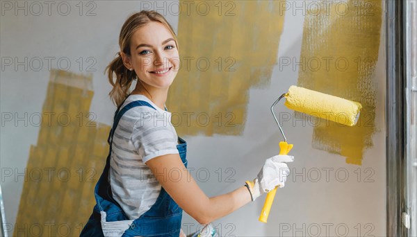 AI generated, woman, woman, a young girl paints a wall with new paint, yellow, yellow, renovation of old flat, paint roller, ladder, paint, 20, 25, years, one, one person, daughter, student, pastime, family, girl, smiling, smiling, fun at work, laughing, laughing, laughing, dungarees, jeans