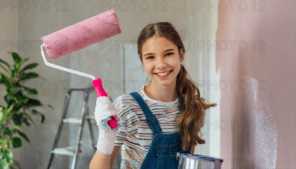 AI generated, woman, woman, a young girl paints a wall with new colour, pink, pink, renovation of old flat, paint roller, ladder, paint, 20, 25, years, one, one person, daughter, student, pastime, family, girl, smiling, smiling, fun at work, laughing, laughing, laughing, dungarees, jeans