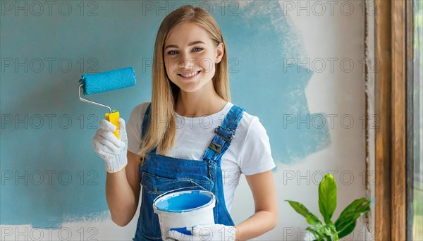 AI generated, woman, woman, a young girl paints a wall with new paint, blue, blue, renovation of old flat, paint roller, ladder, paint, 20, 25, years, one, one person, daughter, student, pastime, family, girl, smiling, smiling, fun at work, laughing, laughing, laughing, dungarees, jeans