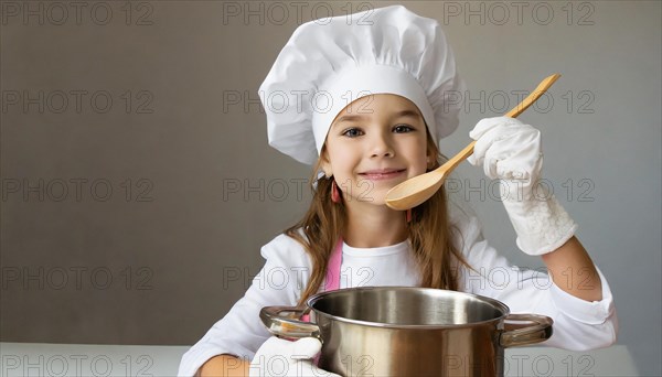 AI generated, human, humans, person, persons, child, children, 8 year old girl cooking a vegetable soup in a white kitchen, chef's hat, smock, cute, cute, cute, beautiful eyes, beautiful teeth, cook, cook, kitchen table, vegetables, onions, garlic