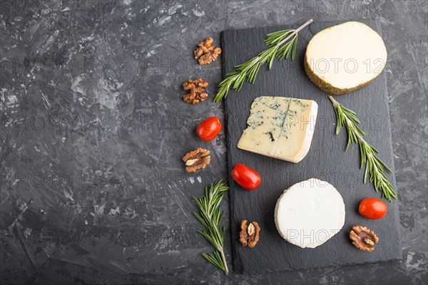 White goat cheese and various types of cheese with rosemary and tomatoes on black slate board on a black concrete background. Top view, copy space, flat lay