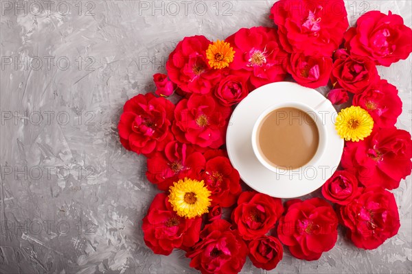 Red rose flowers and a cup of coffee on a gray concrete background. Morninig, spring, fashion composition. Flat lay, top view, copy space