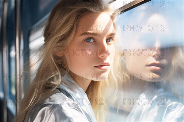 Young blond woman travelling in train. KI generiert, generiert AI generated