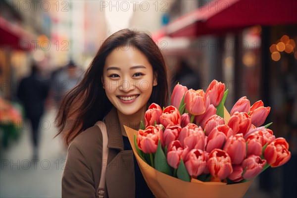 Smiling young Asian woman with large bouquet of spring tulip flowers in city street. KI generiert, generiert AI generated
