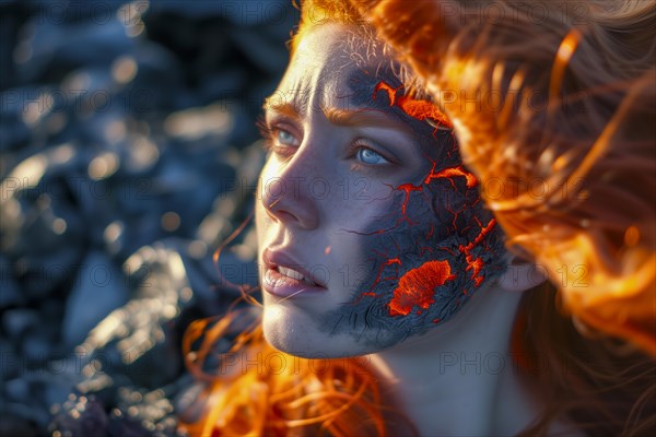 Portrait of a woman looking into the distance with lava facial texture and red hair, surrounded by solidified lava, AI generated, AI generated