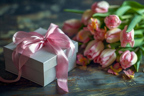 Gift Box with Pink Ribbon Beside bouquet of Fresh Tulips. Background for Valentine day, March 8, mother day, spring holidays, birthday, AI generated