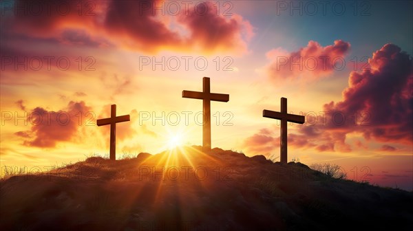 Easter concept three crosses on Golgotha Calvary hill against a dramatic sunset, AI generated