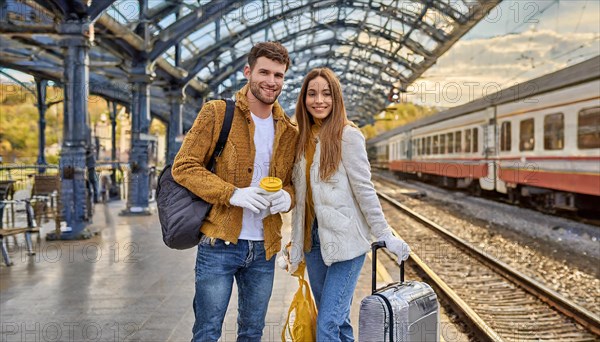 AI generated, A young couple wants to travel and is waiting for the train at the station, 20, 25, blond, blonde, modern, modern, handbag, fur jacket, boots, sexy, attractive, attractive, long-haired, transport, traffic