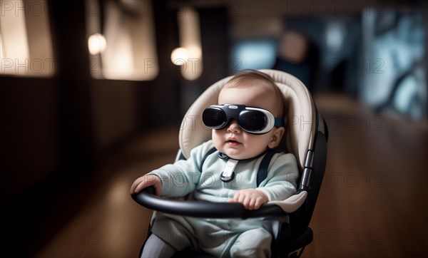 Baby in a stroller wearing VR glasses, a gadget for baby relaxation, AI generated