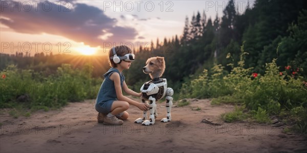 Child in VR glasses with a robot dog in nature. The concept of robotics in children's lives, AI generated