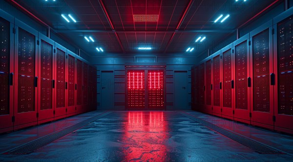 Red illuminated server room with reflections on the glossy floor, ai generated, AI generated