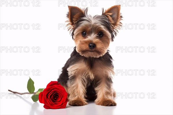 Cute Yorkshire Terrier dog with single red rose on white background. KI generiert, generiert AI generated