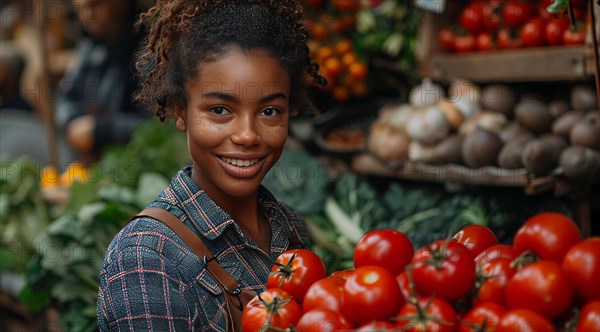 Young woman smiling at camera holding a tomato at a market stall, ai generated, AI generated
