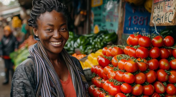 Radiant woman with a vibrant smile standing by a tomato stand at a market, ai generated, AI generated