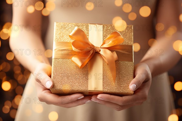 Woman's hands holding golden birthday or wedding present gift box. KI generiert, generiert AI generated