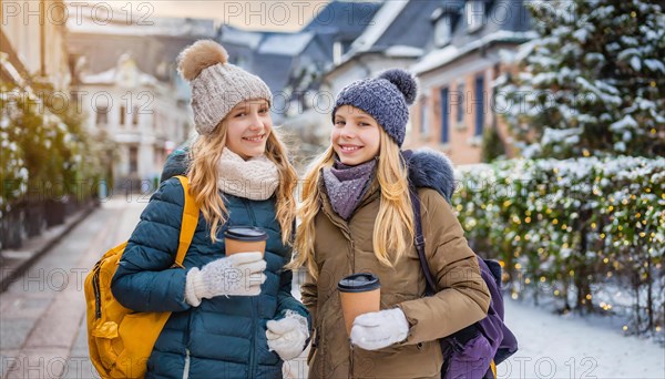 AI generates, human, humans, person, persons, child, children, girl, two, 15, years, outdoor, ice, snow, winter, seasons, drinks, drinking, coffee to go, coffee, cup, paper cup, hot drink, cap, bobble hat, gloves, winter jacket, cold, coldness