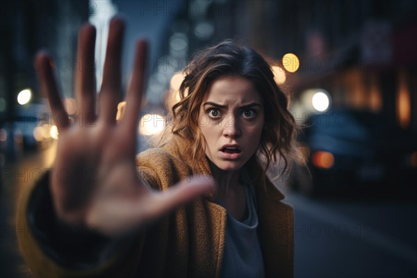 Woman rising hand in defensive pose in dark street. Crime and sexual harassment concept. KI generiert, generiert AI generated