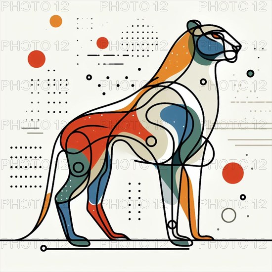 Abstract geometric representation of a lion with colorful shapes and minimalist style, continuous line art, creature is stylized and simplified to the most basic geometric forms, exaggerated features, adorned with splashes of primary colors, clean white solid background, with subtle geometric shapes and thin, straight lines that intersect with dotted nodes and overlap the figures. The overall aesthetic is modern and contemporary, AI generated