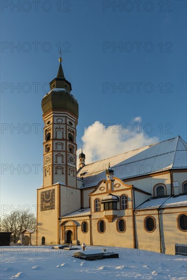 Andechs Monastery in winter, sunset, Fuenfseenland, Pfaffenwinkel, Upper Bavaria, Bavaria, Germany, Europe