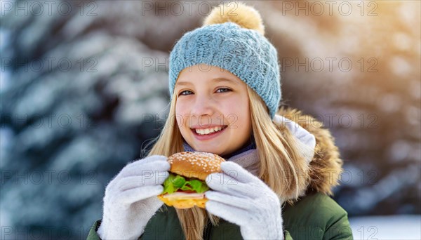 AI generated, human, humans, person, persons, woman, woman, 18, 20, years, one, outdoor, ice, snow, winter, seasons, eats, eating, burger, hamburger, cap, bobble hat, gloves, winter jacket, cold, coldness