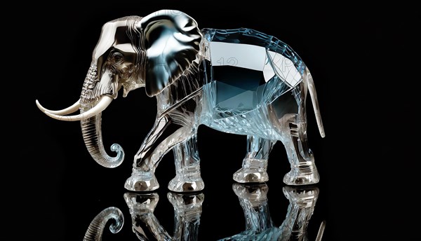 Elephant, animal sculpture made of bluish iridescent crystal glass, AI generated, AI generated